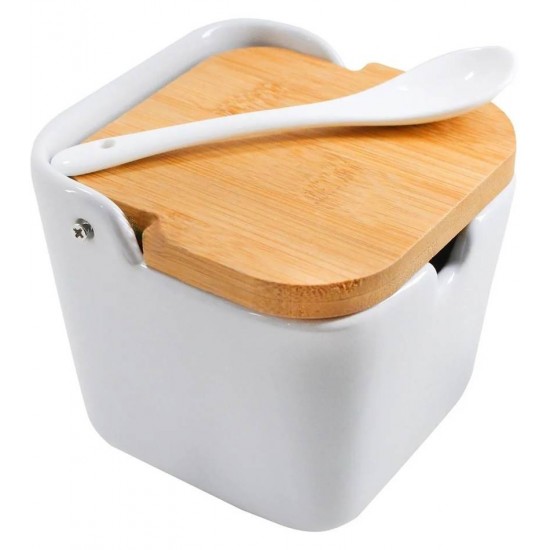 Saleiro 11x10x11cm De Mesa De Cerâmica C/Tampa De Bambu E Colher Bianco
